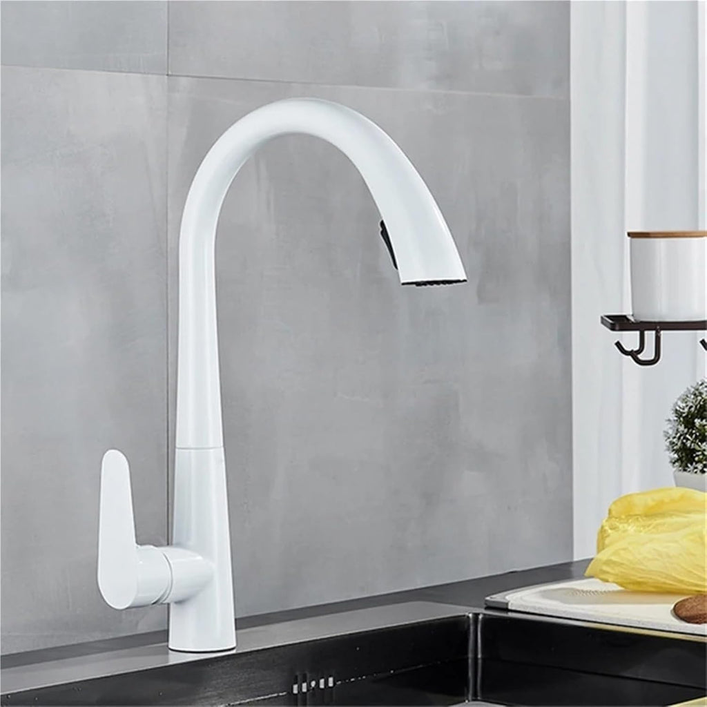 Kitchen Faucet Single Handle Pull Out Mixer Hot and Cold Water Taps Deck Mounted 360 Rotation Mixer Tap(White)