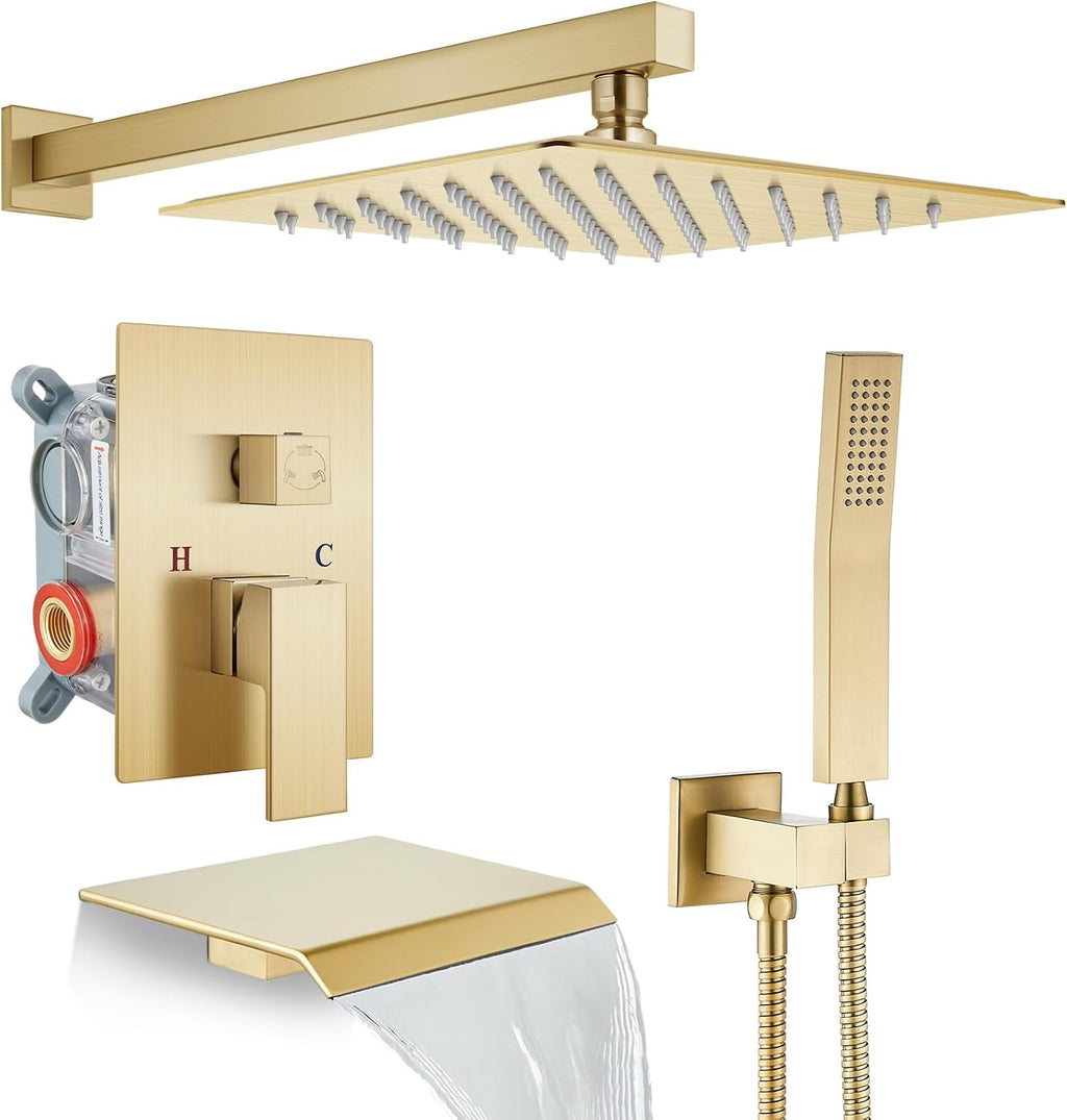 gotonovo 10'' Rain Shower Faucet System Rainfall Shower Head with Handheld Sprayer Waterfall Tub Spout Wall Mounted Mixer Combo Rough-in Valve and Trim Included 7.9 Inch Wide Spout Brushed Gold