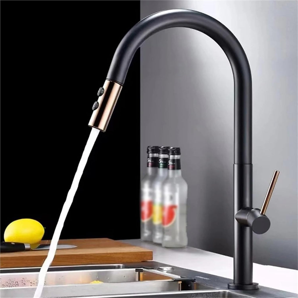 Modern Kitchen Faucet Pull Out 2 Mode Outlet Water Spray Deck Mounted Hot and Cold Water Sink Mixer Tap(Black-Gold)