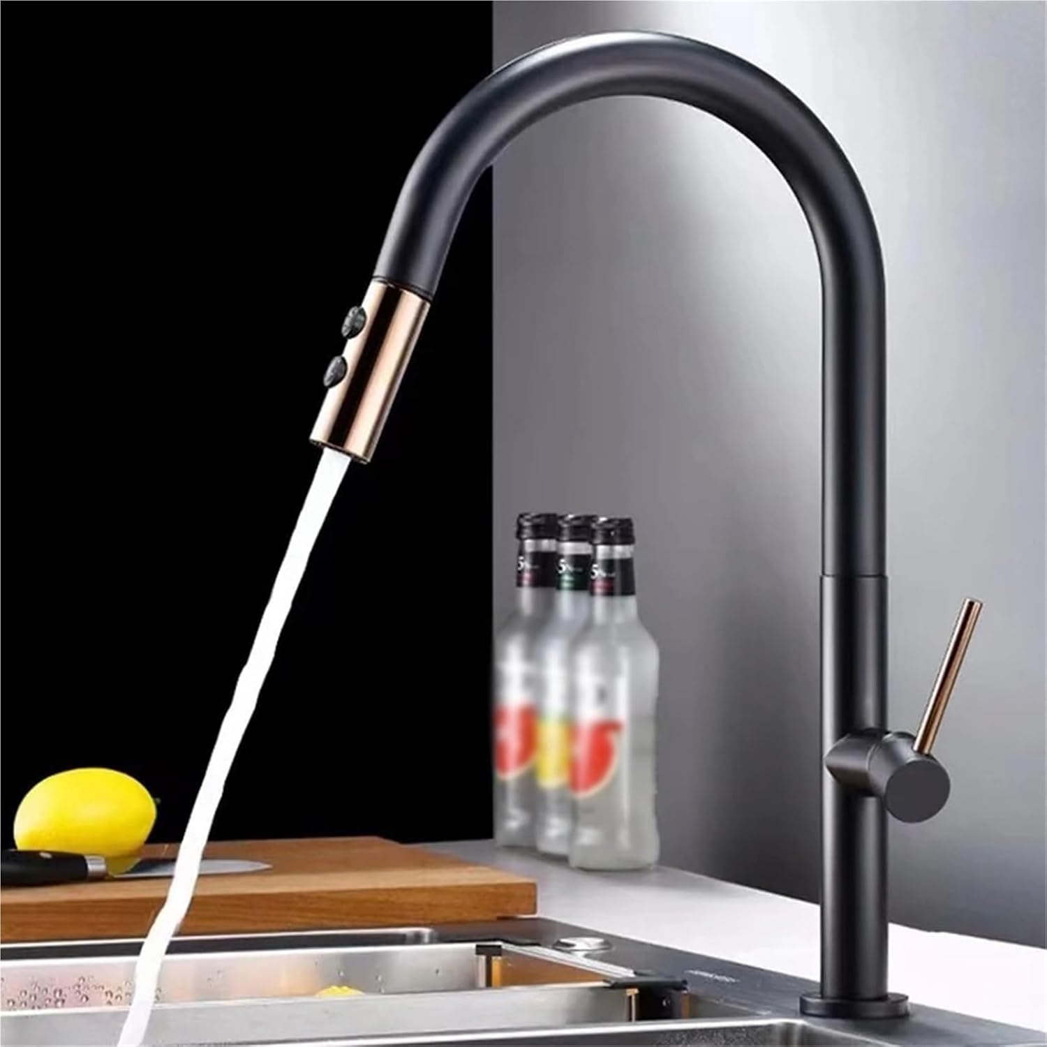 Modern Kitchen Faucet Pull Out 2 Mode Outlet Water Spray Deck Mounted Hot and Cold Water Sink Mixer Tap(Black-Gold)
