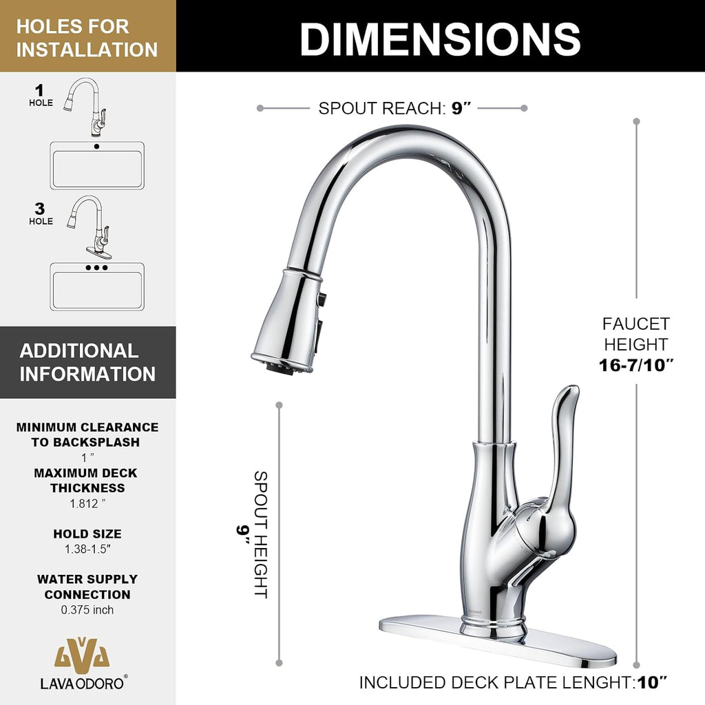 Lava Odoro Kitchen Faucet with Pull Down Sprayer, Chrome Kitchen Sink Faucet with Magnetic Docking Spray 3-Function, Faucet for Kitchen Sink 1 Hole and 3 Hole with Deck Plate, KF271-C