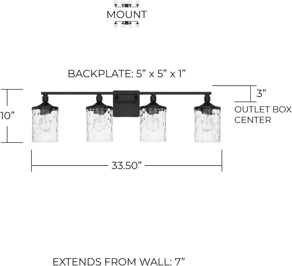 HomePlace Lighting 128841MB-451 Colton Mid-Century Clear Water Glass Bathroom Vanity Wall Light, 4-Light 400 Total Watts, 10' H x 34' W, Matte Black