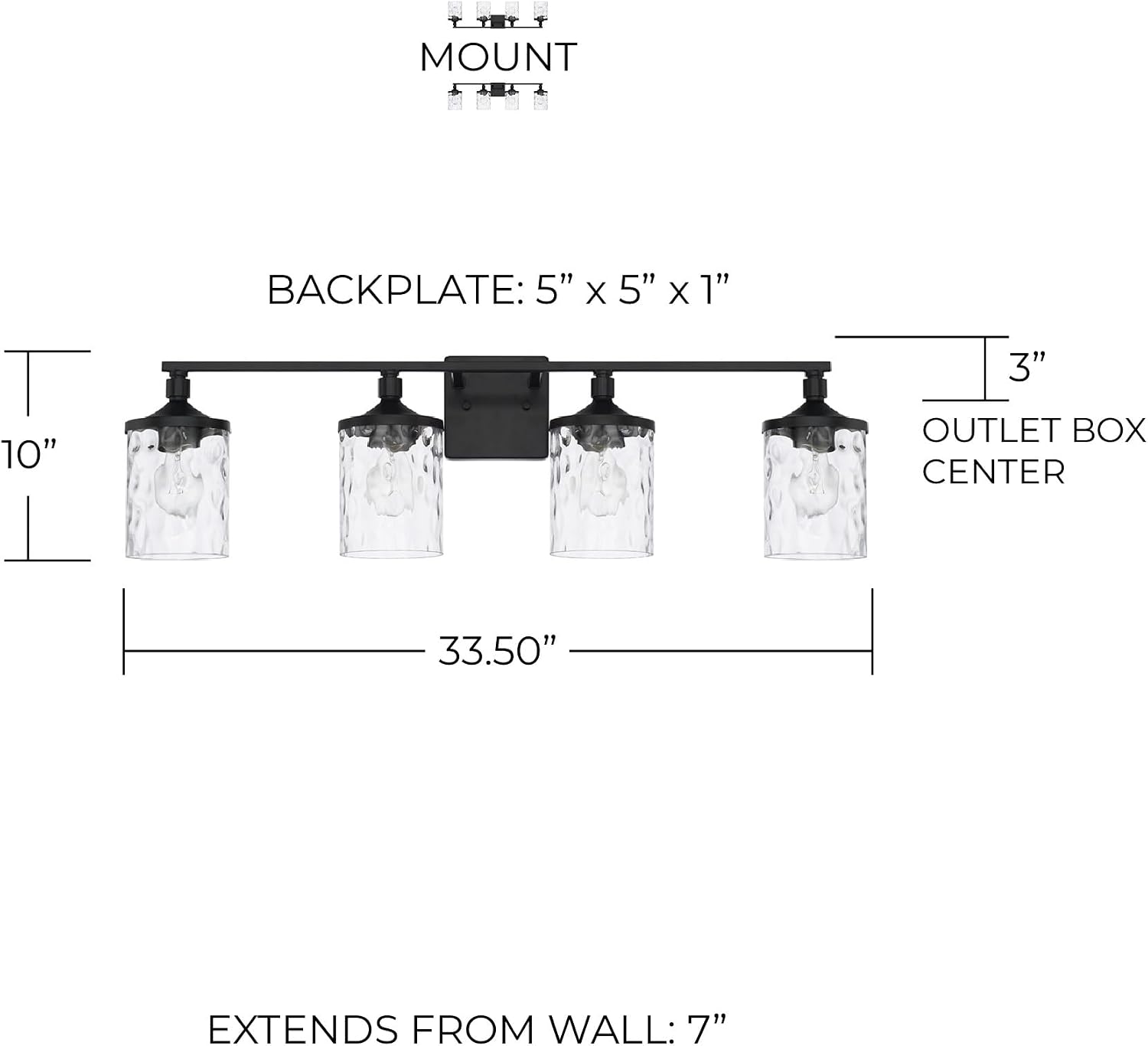 HomePlace Lighting 128841MB-451 Colton Mid-Century Clear Water Glass Bathroom Vanity Wall Light, 4-Light 400 Total Watts, 10' H x 34' W, Matte Black
