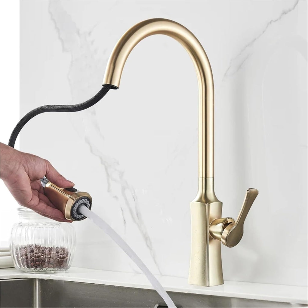 Kitchen Faucet Hot and Cold Water Mixer Faucet for Kitchen Pull Out Mixer Crane 2 Function Spout Brass Water Mixer(Brushed Gold)