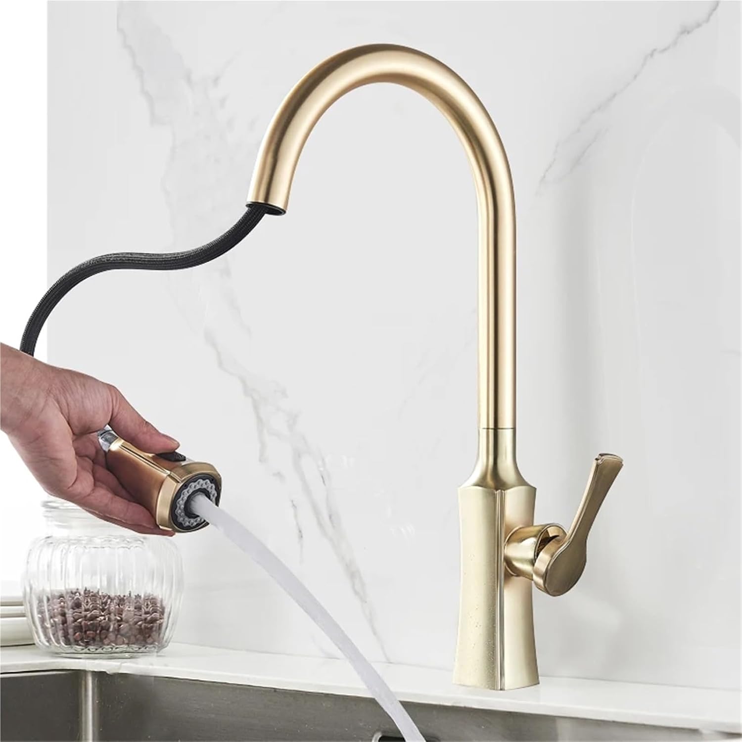 Kitchen Faucet Hot and Cold Water Mixer Faucet for Kitchen Pull Out Mixer Crane 2 Function Spout Brass Water Mixer(Brushed Gold)