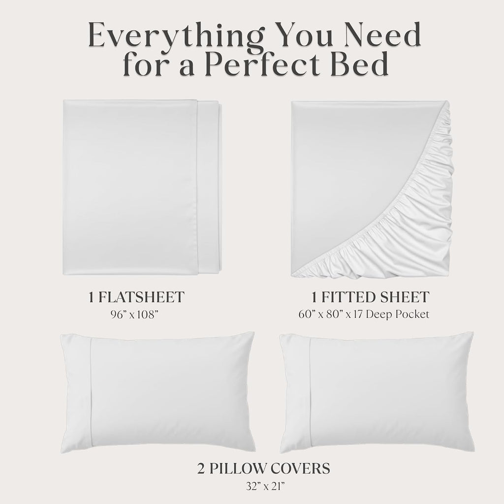 Delilah Home 100% Organic Cotton Queen Flat Sheet Set, GOTS & Vegan.org Verified, Long Stem 300 TC Sateen Bedding, Non-Synthetic, Deep Pocket Fitted Linen, Lightweight, All-Season, 4 Piece Set - White