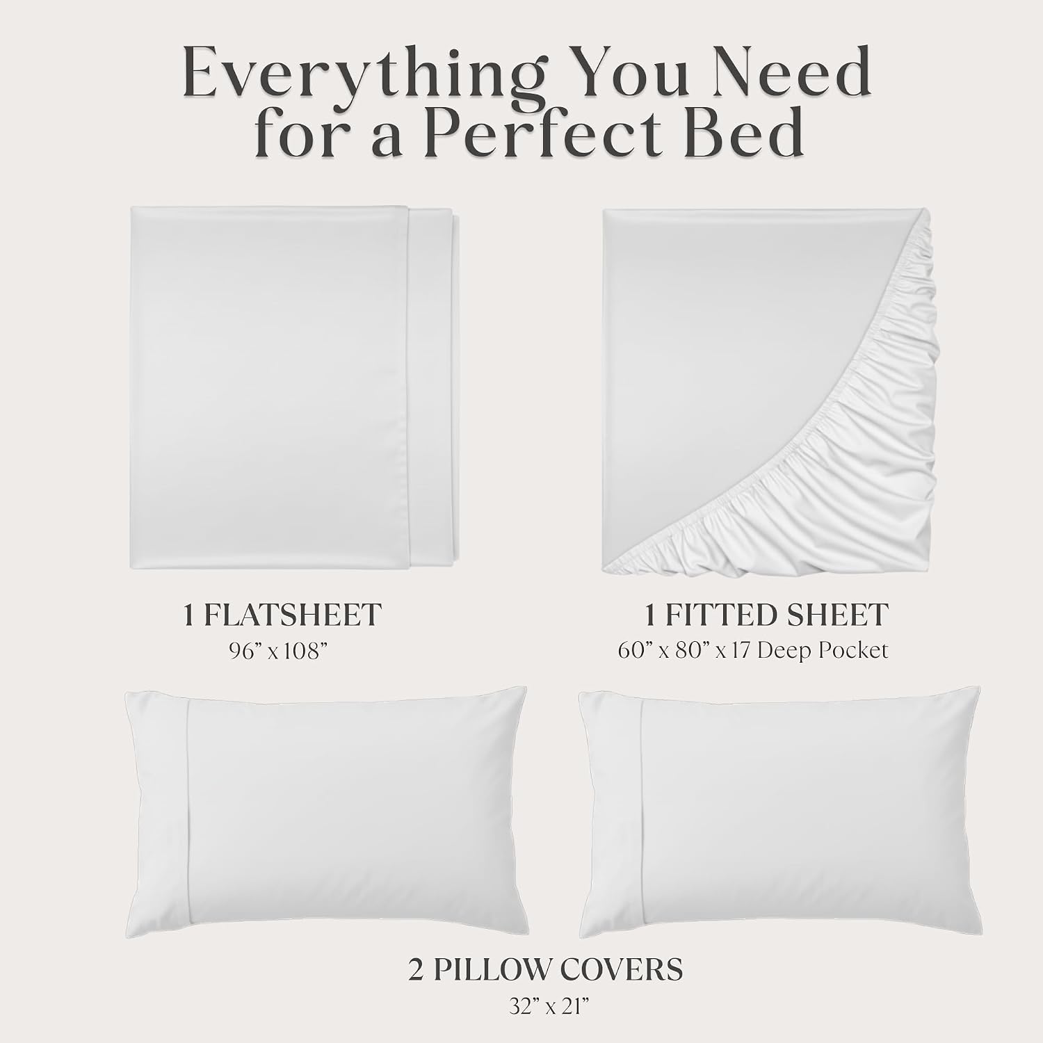 Delilah Home 100% Organic Cotton Queen Flat Sheet Set, GOTS & Vegan.org Verified, Long Stem 300 TC Sateen Bedding, Non-Synthetic, Deep Pocket Fitted Linen, Lightweight, All-Season, 4 Piece Set - White