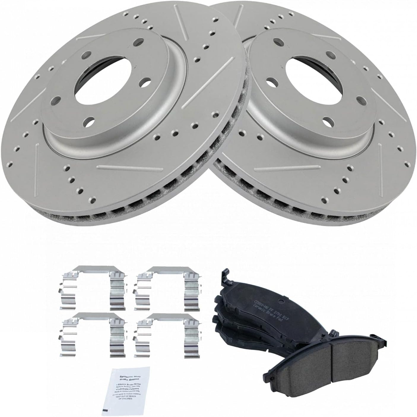 TRQ Performance Front Brake Pad and Rotor Set Ceramic Coated Drilled Slotted Compatible with 2003-2004 Infiniti M45 2002-2006 Q45