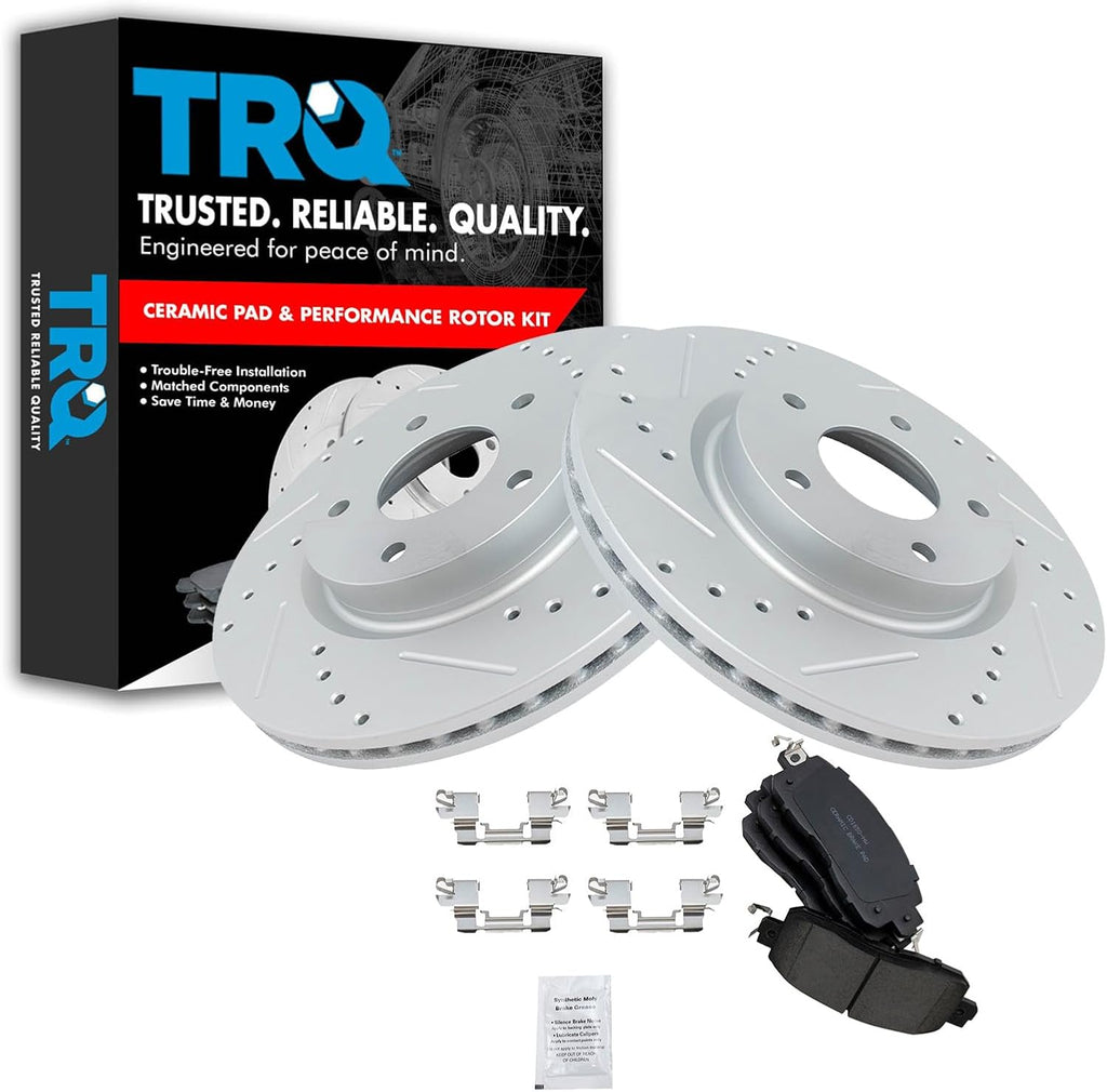 TRQ Front Brake Pad and Rotor Kit Ceramic Performance Slotted Drilled Vented Rotors G-Coated Compatible with 2013-2023 Nissan Altima