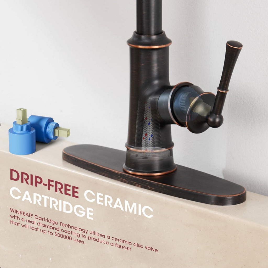 Kitchen Faucets with Pull Down Sprayer, Oil Rubbed Bronze High Arc Antique Brass Single Handle Vintage Kitchen Sink Faucet with 1 or 3 Hole Deck Plate for Farmhouse Laundry Camper Rv Bar