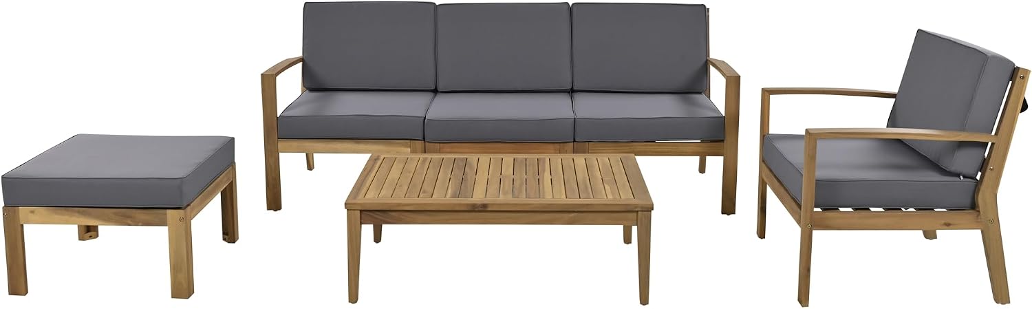 6-Piece Outdoor Patio Conversation Furniture Set, Acacia Wood Sectional Sofa Set with Coffee Table and Removable Cushion for Garden Backyard and Poolside (Grey-CC)
