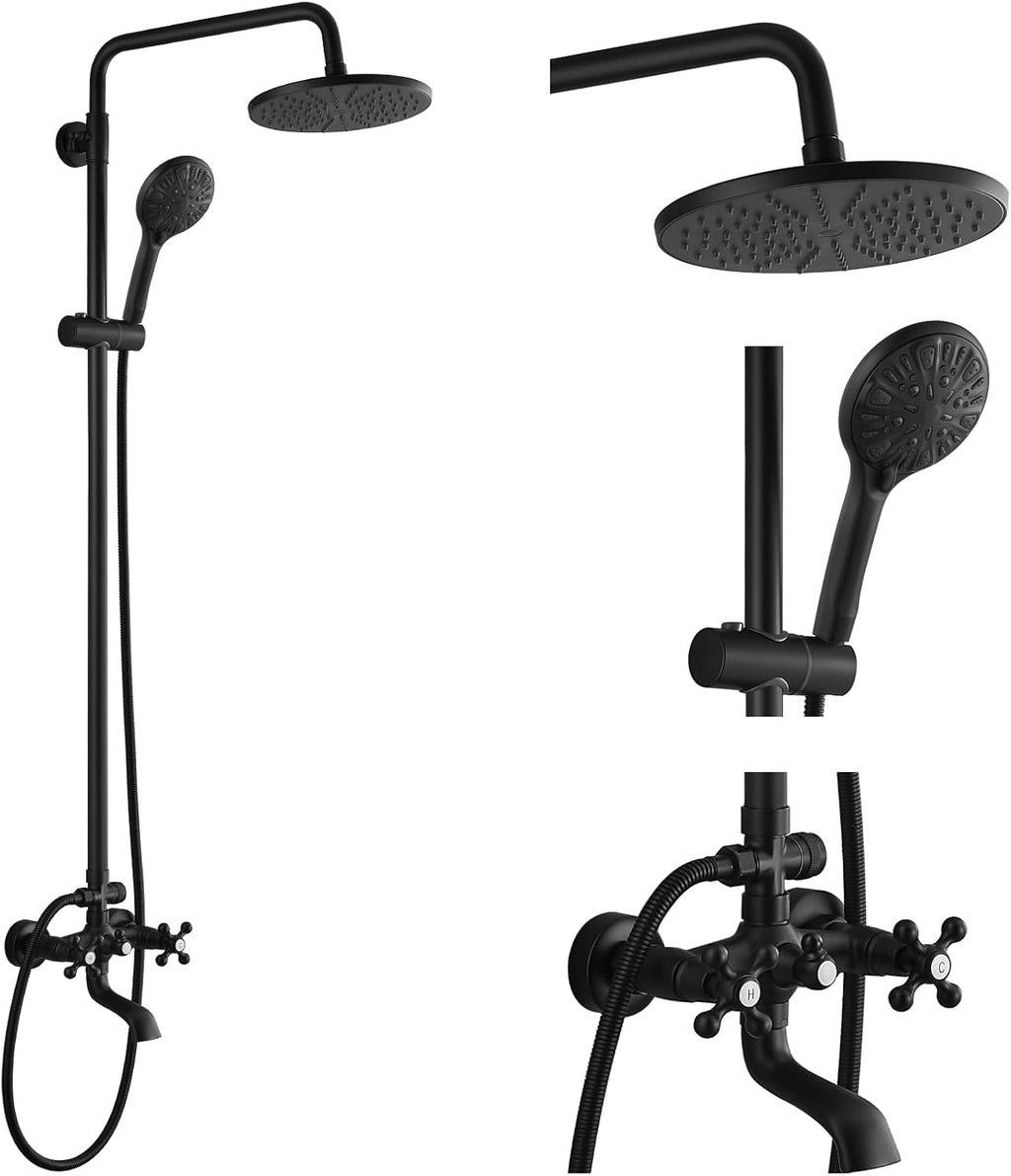 gotonovo Exposed Shower Faucet Set 8 Inch Rainfall Showerhead 3-Function Shower Fixture with Tub Spout 2 Corss Handles Shower System, Matte Black