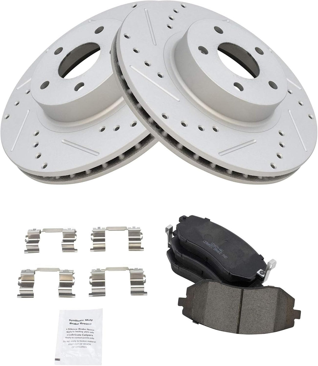 TRQ Performance Front Brake Pad and Rotor Set Ceramic Coated Drilled Slotted Vented Rotors Compatible with 2005-2006 Saab 9-2X 2002-2010 Subaru Impreza 2003-2005 Legacy