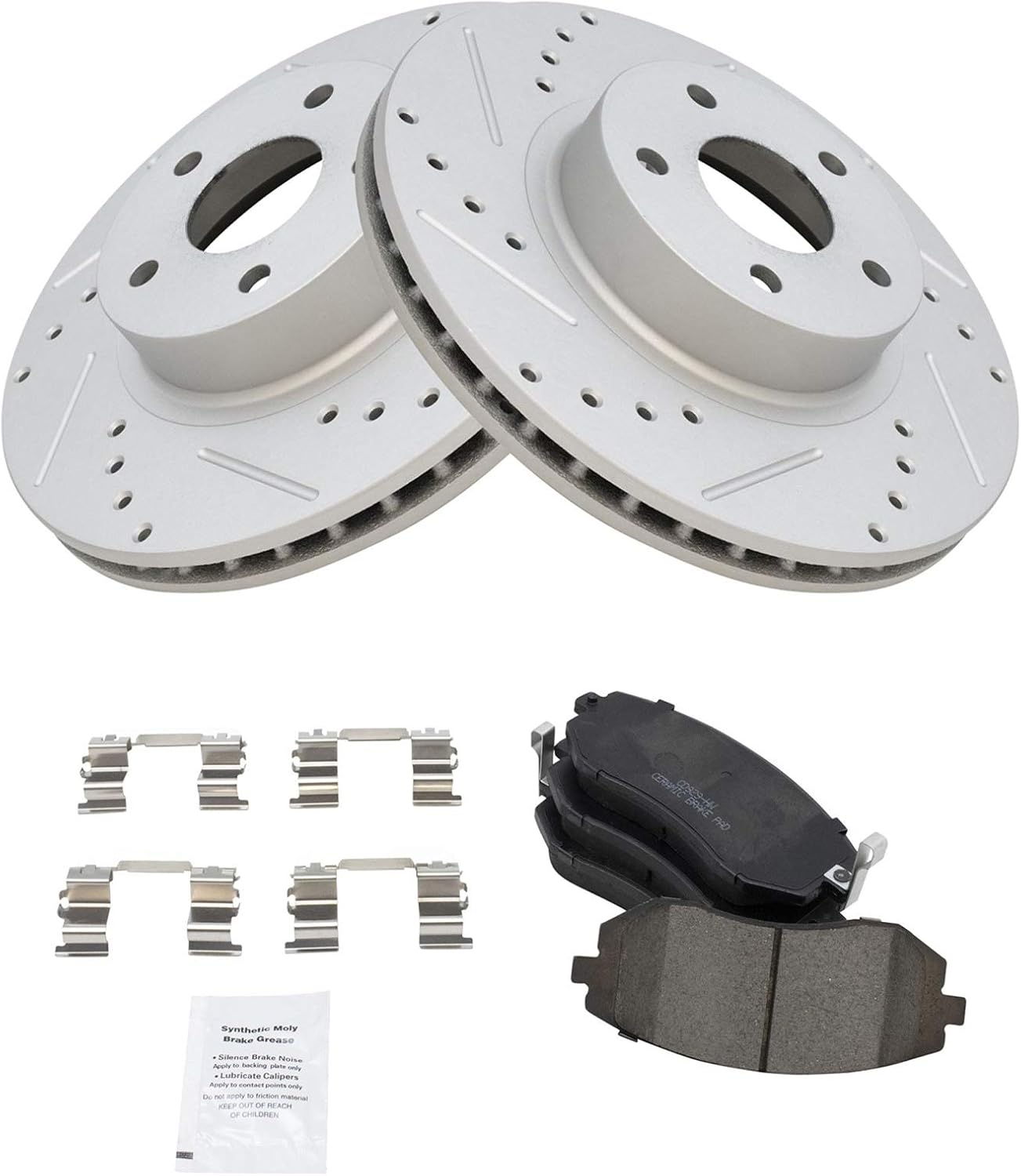 TRQ Performance Front Brake Pad and Rotor Set Ceramic Coated Drilled Slotted Vented Rotors Compatible with 2005-2006 Saab 9-2X 2002-2010 Subaru Impreza 2003-2005 Legacy