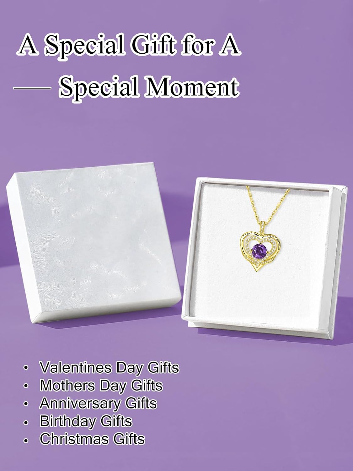 14K Gold Heart Necklaces for Women with Birthstone Pendant ，Double Hearts Necklace Jewelry Gift for Girlfriend Mom Anniversary Birthday Adjustable Chain 18' + 2' 'I Love You Always & Forever