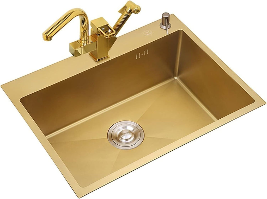 Sink Golden 304 Stainless Steel Sink Handmade Home Sink Single Bowl Kitchen Sink Sink Set Hot and Cold Faucet Multiple Installation Methods,Gold-75 * 45cm