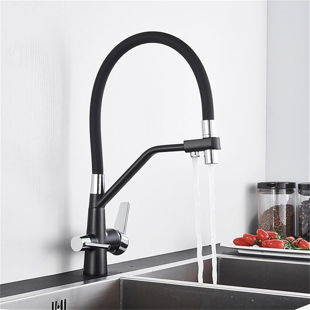 Filter Purification Flexible Rotated Kitchen Faucet Dual Spout Dual Handles Mixer Tap Hot and Cold Pure Water Mixer(Black with Chrome B)
