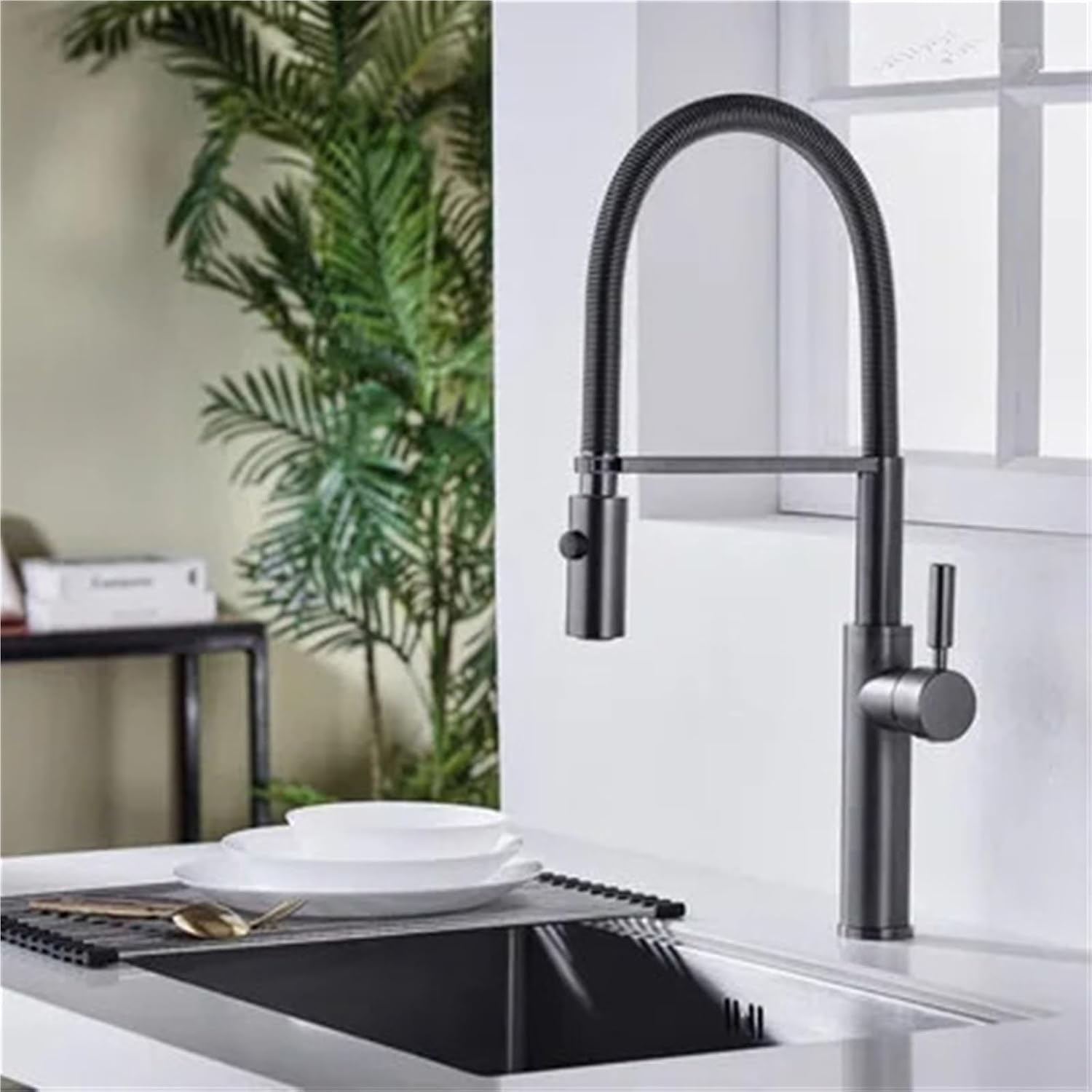 Kitchen Faucets Kitchen Sink Single Lever Pull Out Spring Spout Mixers Tap Hot Cold Water Crane(Gray)