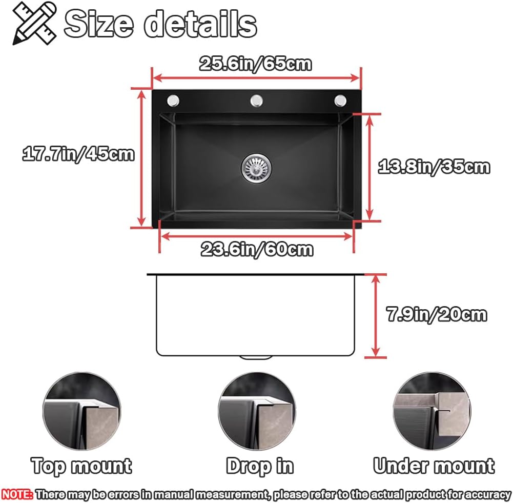 25.6 * 17.7in Drop In Kitchen Sink,Black Stainless Steel Single Bowl Sink,Topmount Workstation Sink With Pull Out Faucet,Soap Dispenser And Drain Basket