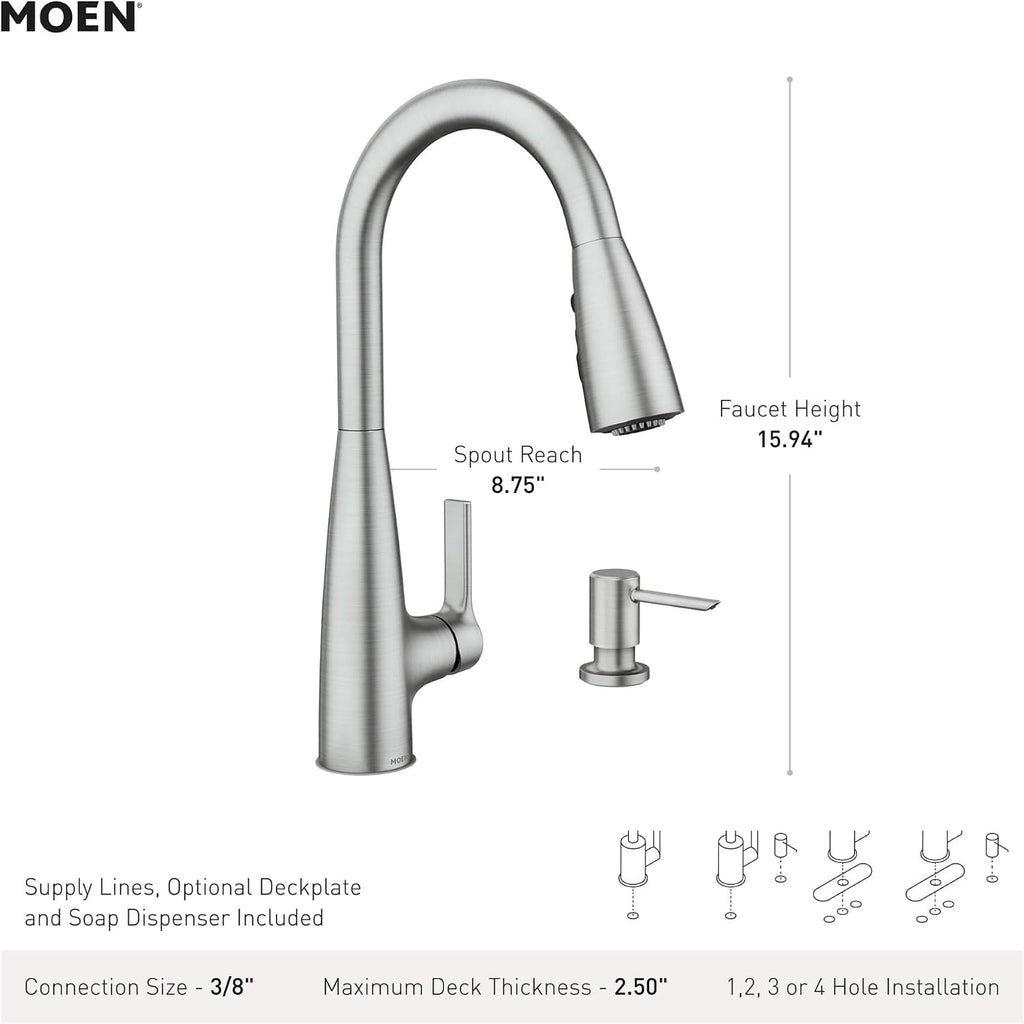 Moen Haelyn Spot Resist Stainless Single-Handle Pull-Down Sprayer Kitchen Faucet Featuring Power Boost for a Faster Clean, Soap Dispenser Included, 87627SRS