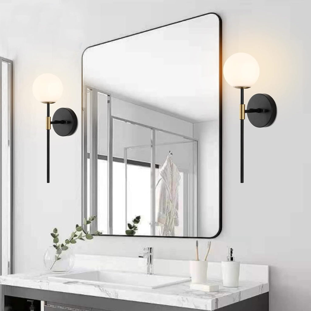 BYOLIIMA Industrial Mid Century Wall Sconce Set of 2 with White Globe Glass Shades Modern Bathroom Vanity Wall Lamp Black and Gold Finished Wall Light Fixture