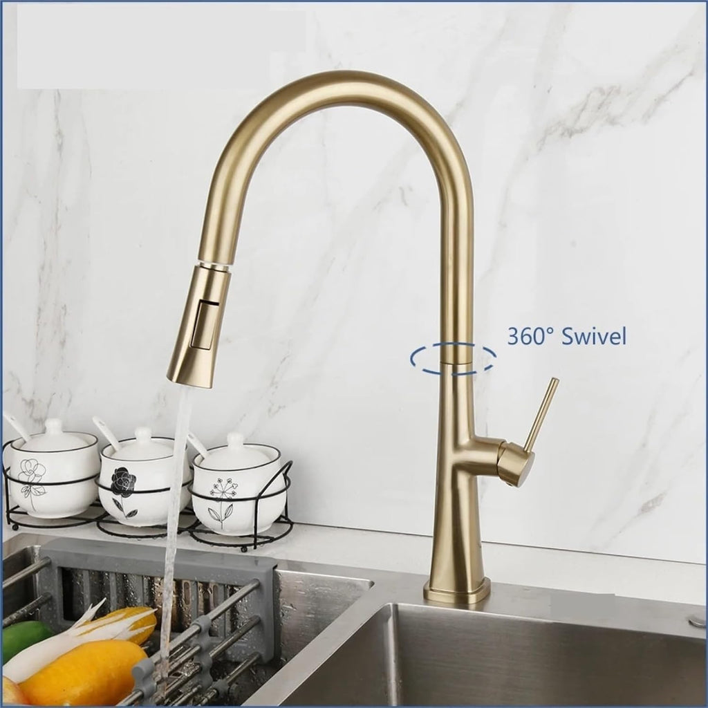 Kitchen Faucet Pull Out Kitchen Sink Water Single Handle Mixer 360 Rotation Hot Cold Faucets(Brush Gold)