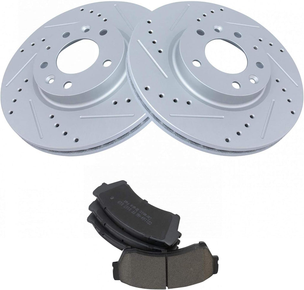 TRQ Performance Front Brake Pad and Rotor Set Ceramic Drilled Slotted Coated Vented Rotors Compatible with 2006-2012 Ford Fusion 2006 Lincoln Zephyr 2007-2012 MKZ 2006-2011 Mercury Milan