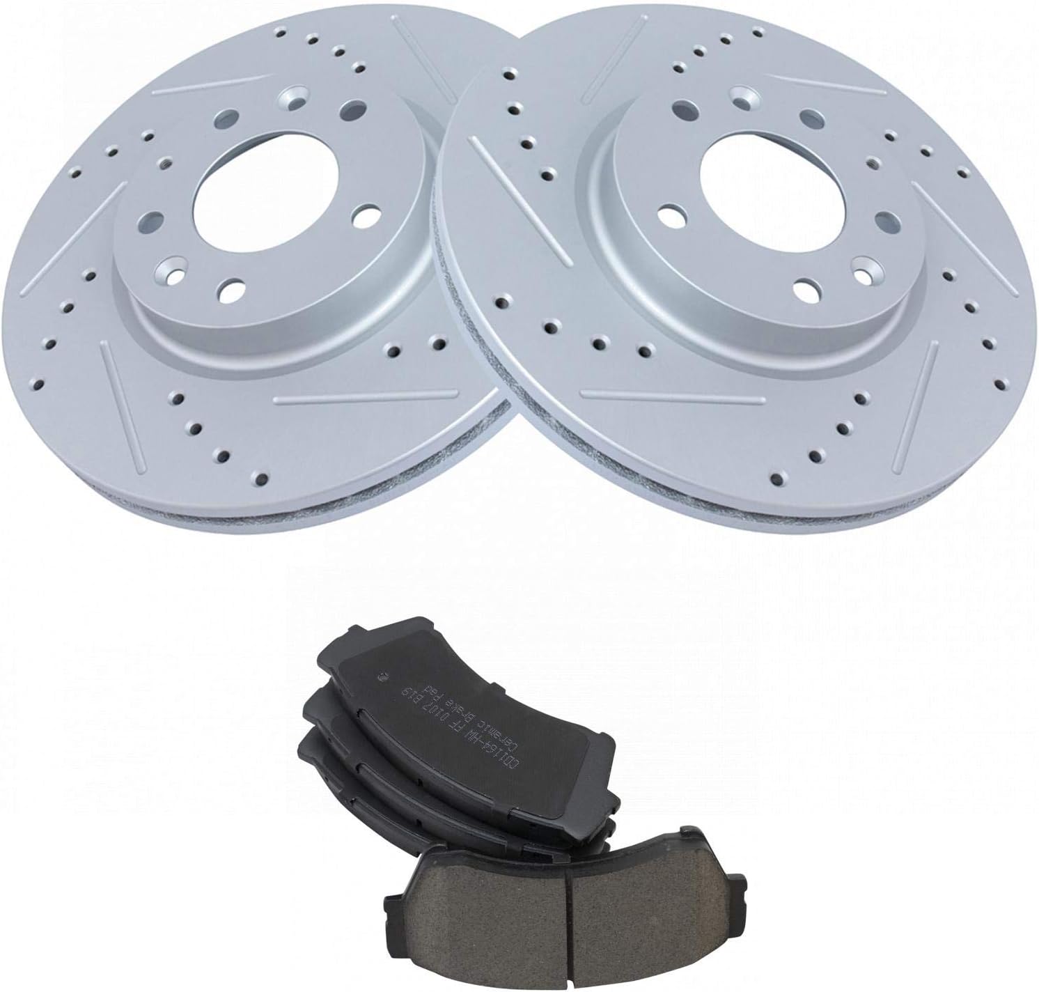 TRQ Performance Front Brake Pad and Rotor Set Ceramic Drilled Slotted Coated Vented Rotors Compatible with 2006-2012 Ford Fusion 2006 Lincoln Zephyr 2007-2012 MKZ 2006-2011 Mercury Milan