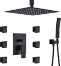 Rain Shower System With Complete 6 Pcs Body Sprays Jets And Pressured Balance Rough-in Valve,12Inch Rainfall Shower Head And Handheld, Modern Matte Black Ceiling Mount Shower Faucets Sets