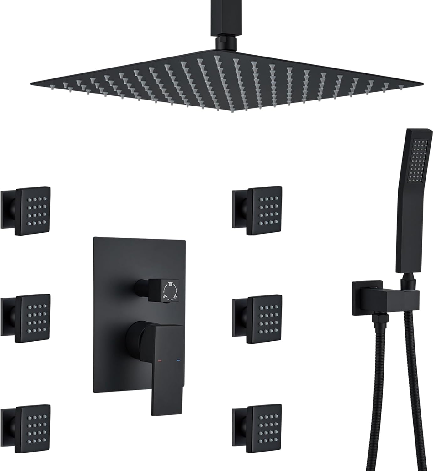 Rain Shower System With Complete 6 Pcs Body Sprays Jets And Pressured Balance Rough-in Valve,12Inch Rainfall Shower Head And Handheld, Modern Matte Black Ceiling Mount Shower Faucets Sets