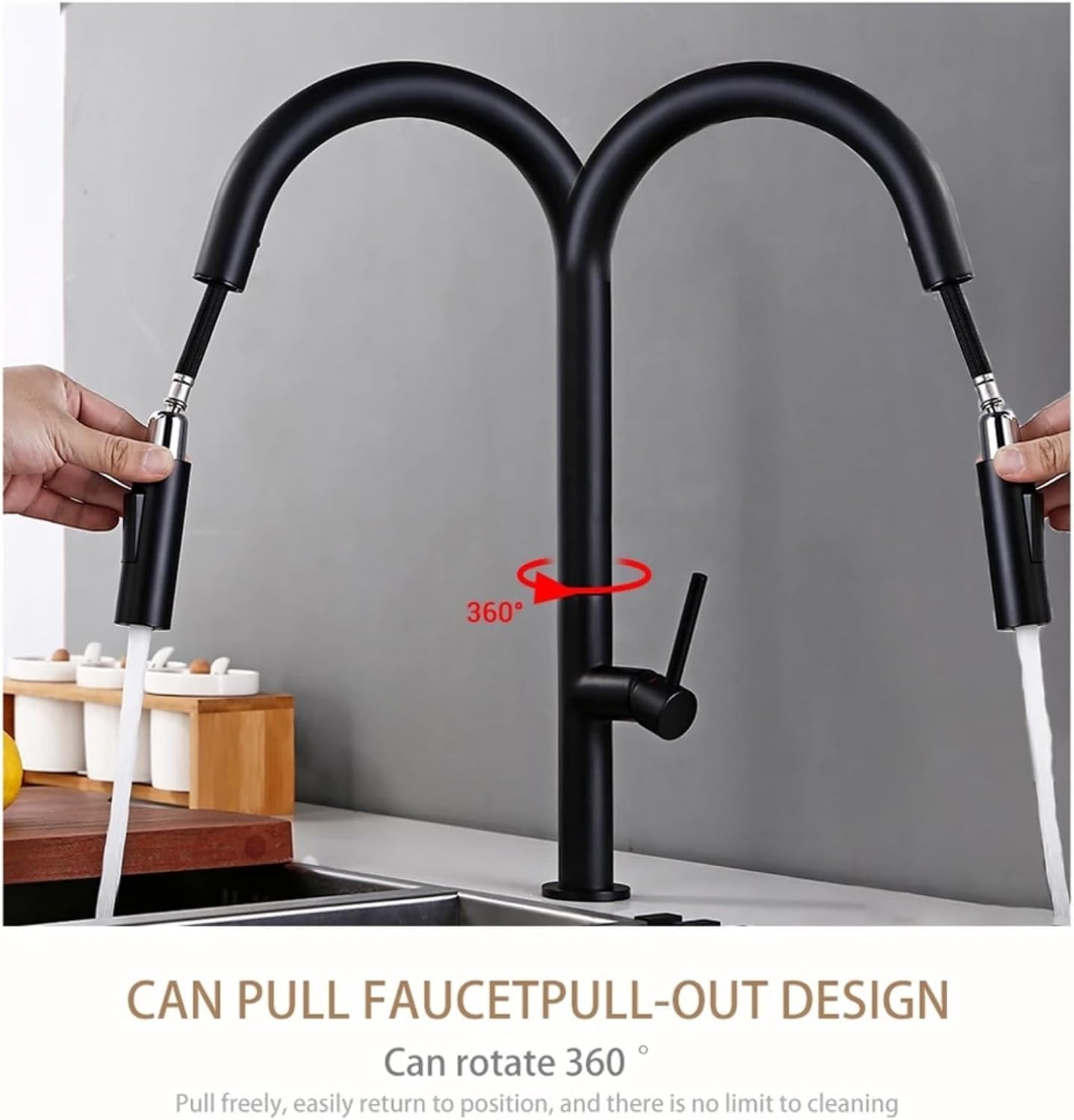 Kitchen Mixer Sink Tap Hot Cold Water 360 Degree Rotation Pull Out Brass Faucet(Black)