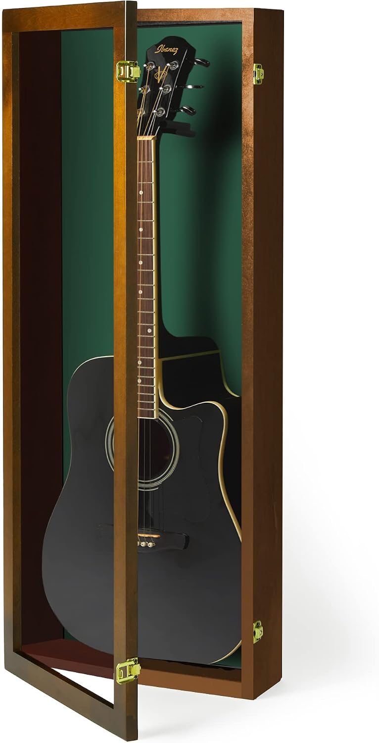 PENNZONI Acoustic Guitar Display Case - Acrylic Acoustic Guitar Case - Guitar Display Case Wall Mount Made from Hardwood Frame & Clear Acrylic - Walnut w/Felt Green
