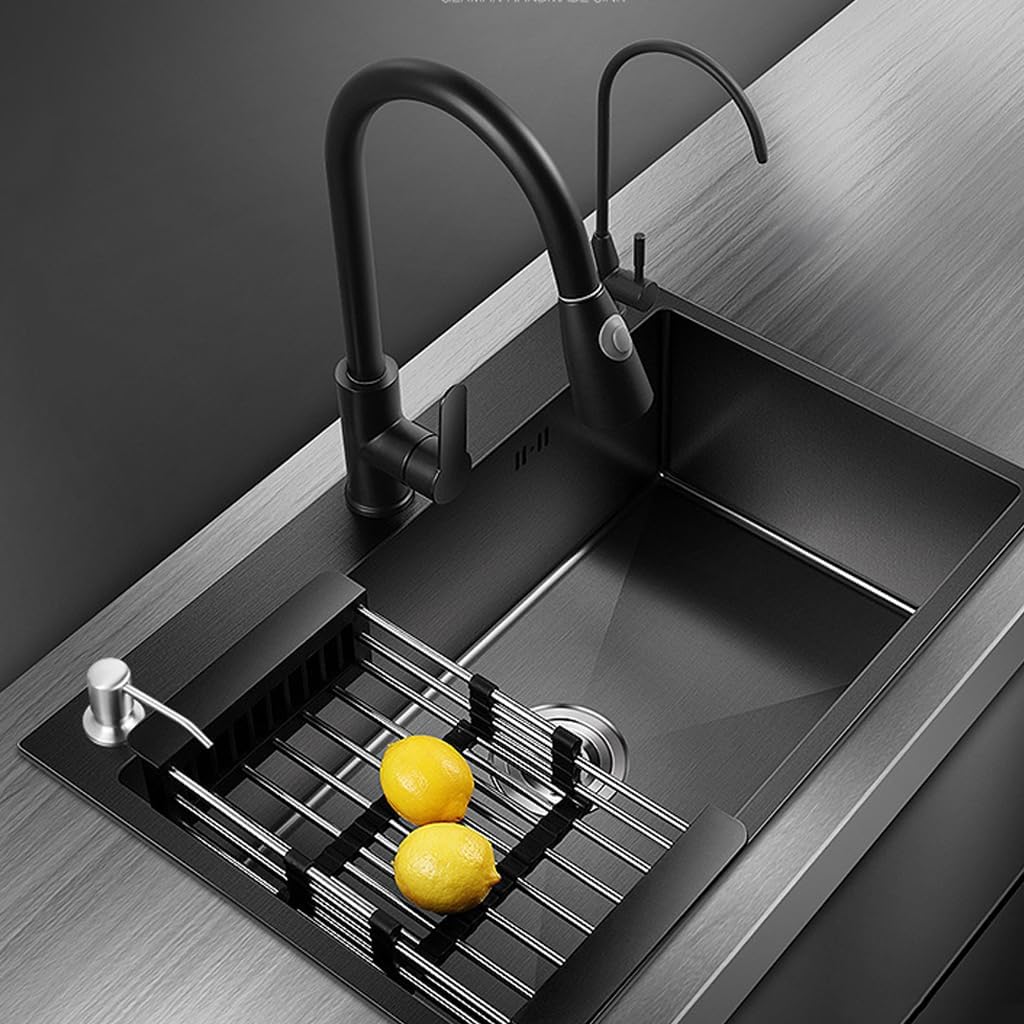 Black Stainless Steel Kitchen Sink, Single Bowl Kitchen Sink, Drop In/Topmount Workstation Sink with Sliding Accessories, Farmhouse Workstation Sink with Multiple Accessories (21.7 x 17.7in)
