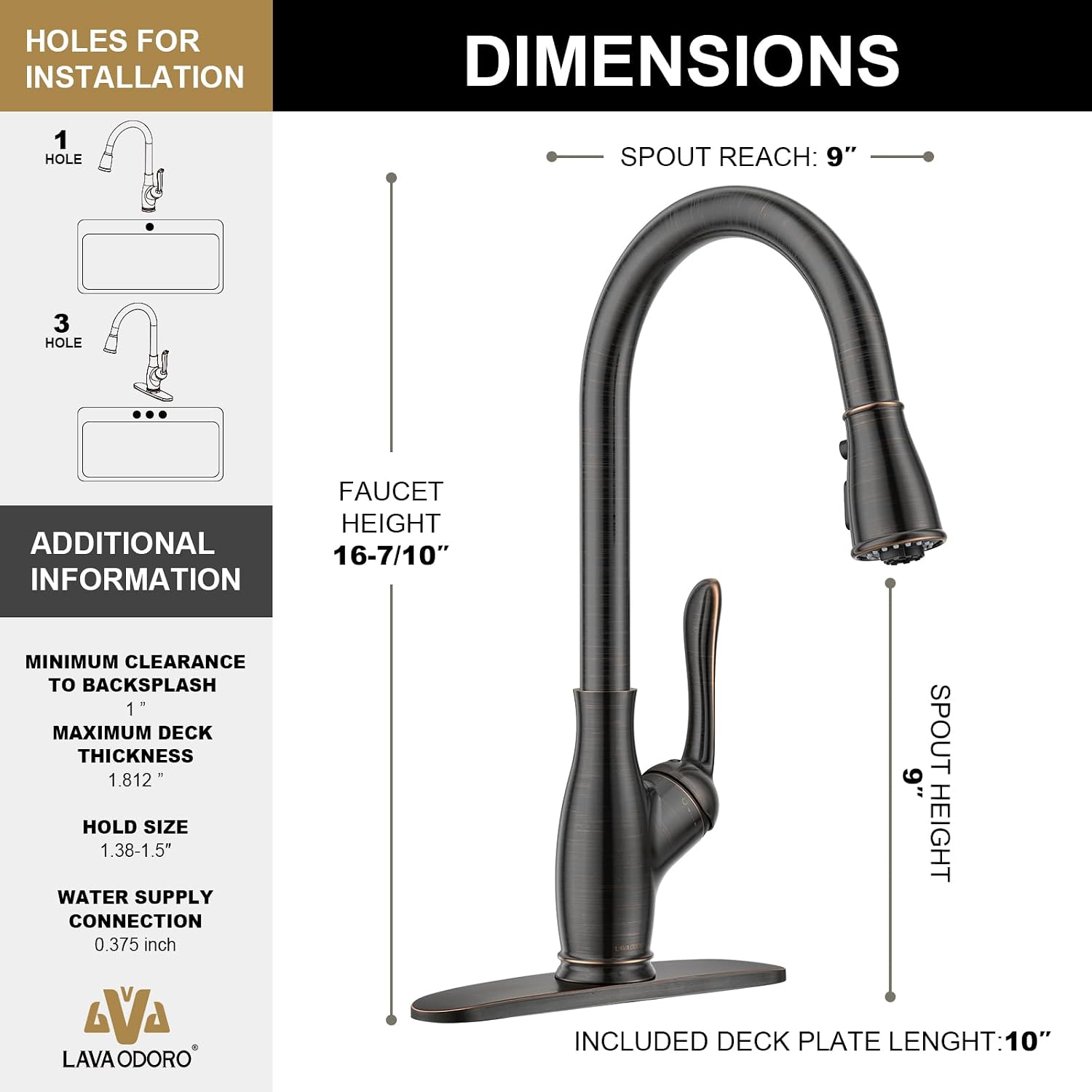 Oil Rubbed Bronze Kitchen Faucet with Pull Down Sprayer, Lava Odoro Bronze Kitchen Sink Faucet with Magnetic Docking Spray 3-Function, Brass Faucet for Kitchen Sink 1 Hole and 3 Hole, KF271-ORB