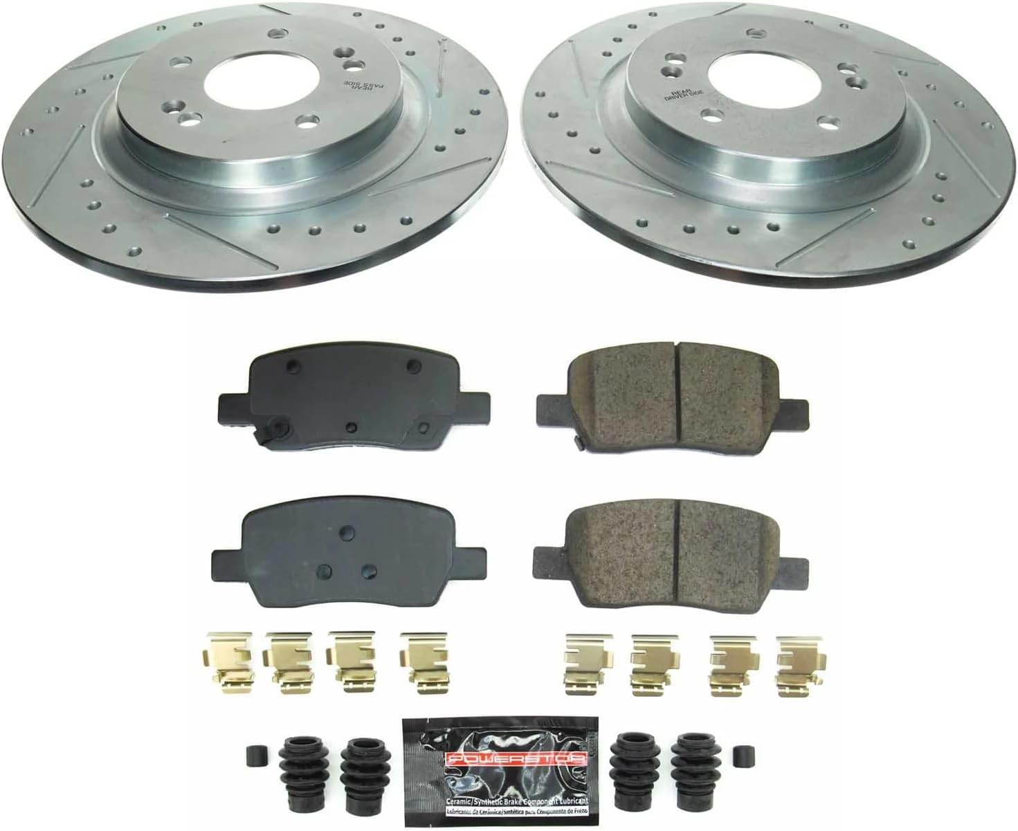 PowerStop Rear Brake Kit for Hyundai Santa Fe 2021-23 | Kia Sorento 2021-23 - Drilled and Slotted Disc Rotors with Carbon-Fiber Ceramic Brake Pads Replacement, K8715
