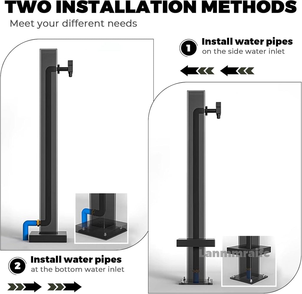 Garden Water Column Outdoor Post Faucet 304 Stainless Steel Vertical Square Water Dispenser Column with Floor Mounted Hydrant Water Tap Black