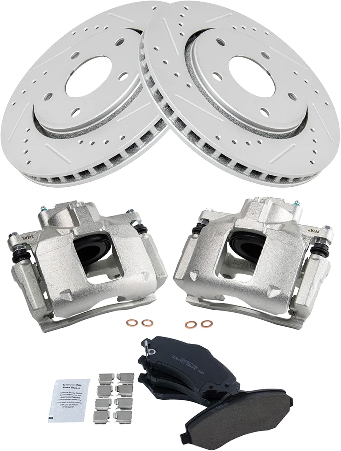 TRQ Performance Front Brake Pad and Rotor Set Ceramic Coated Drilled Slotted Rotors Calipers Compatible with 2009-2013 Dodge Journey
