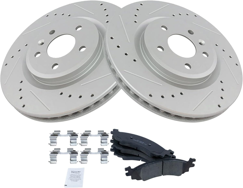 TRQ Performance Front Brake Pad and Rotor Set Ceramic Coated Drilled Slotted Compatible with 2010-2012 Ford Taurus
