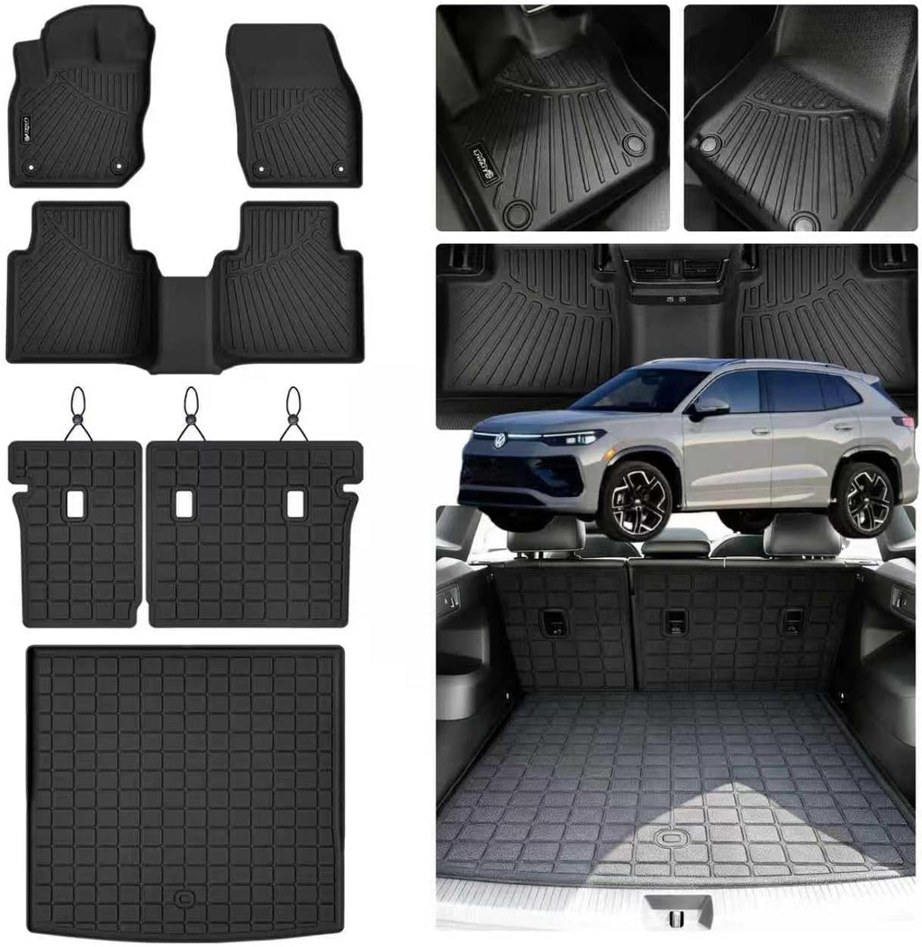 Floor Mats for 2025 2026 Volkswagen Tiguan & Cargo Liners & Backrest Mat,TPE All Weather Protection 1st & 2nd Row Floor Liners with Trunk Mat Covering The Backrest Accessories