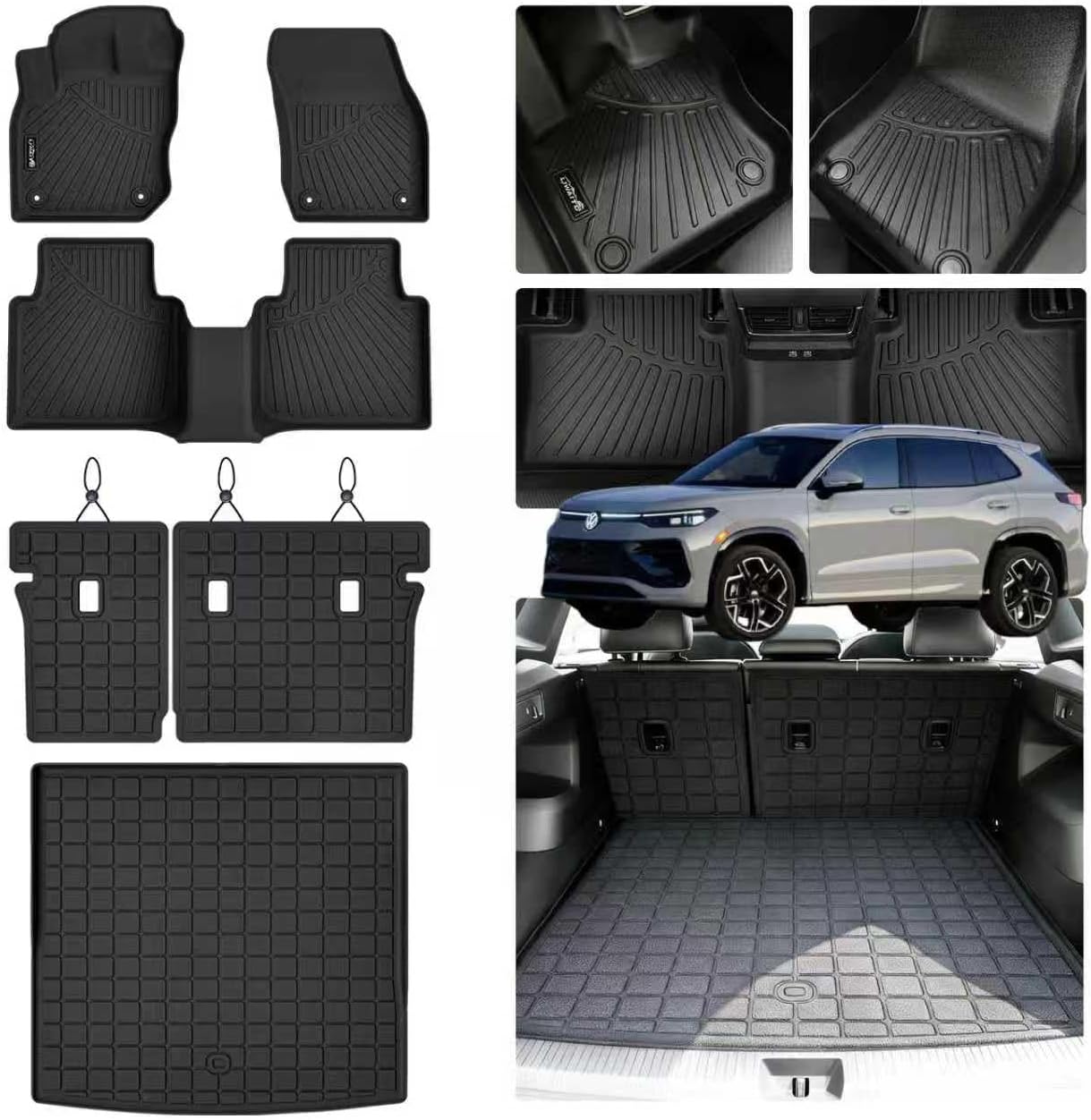 Floor Mats for 2025 2026 Volkswagen Tiguan & Cargo Liners & Backrest Mat,TPE All Weather Protection 1st & 2nd Row Floor Liners with Trunk Mat Covering The Backrest Accessories