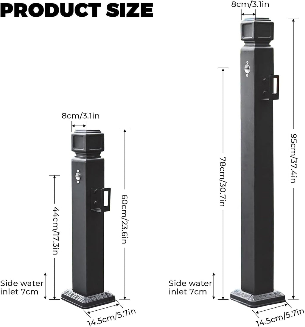 Garden Water Column Outdoor Post Faucet 304 Stainless Steel Square Black Freestanding Hose Stand with Water Dispenser Hydrant for Patio and Lawn Irrigation