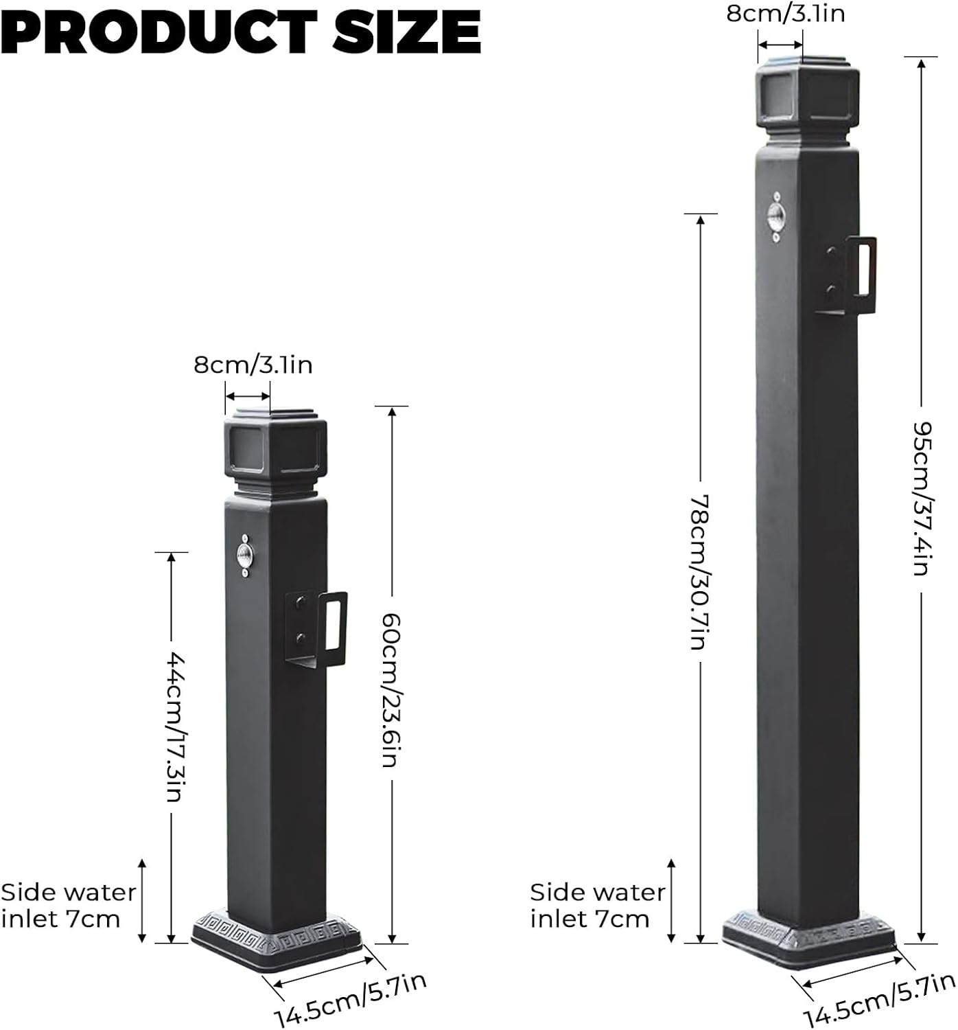Garden Water Column Outdoor Post Faucet 304 Stainless Steel Vertical Square Water Dispenser Column with Floor Mounted Hydrant Water Tap Black