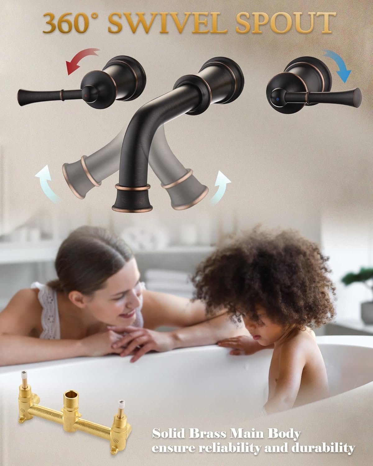High Flow Wall Mount Tub Filler with Rough-in Valve, Wall Mount Brathtub Faucet, Brass Roman Tub Faucet 2 Handle Bathtub Faucet 360° Swivel Spout, Oil Rubbed Bronze(B2306-ORB)