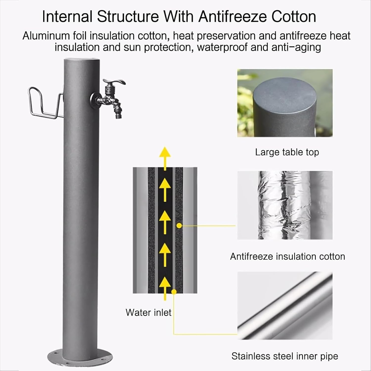 304 Stainless Steel Cylindrical Vertical Garden Water Column with 7.5m ﻿Spray Gun and Stainless Steel Inner Tube，Outdoor Faucet Water Dispenser Hydrant(Black-5,86cm/33in)