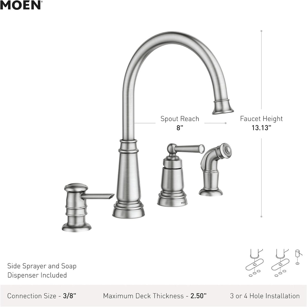 Moen 87042SRS Edison One-Handle High Arc Kitchen Faucet with Side Sprayer and Soap Dispenser, 4-Hole, Spot Resist Stainless