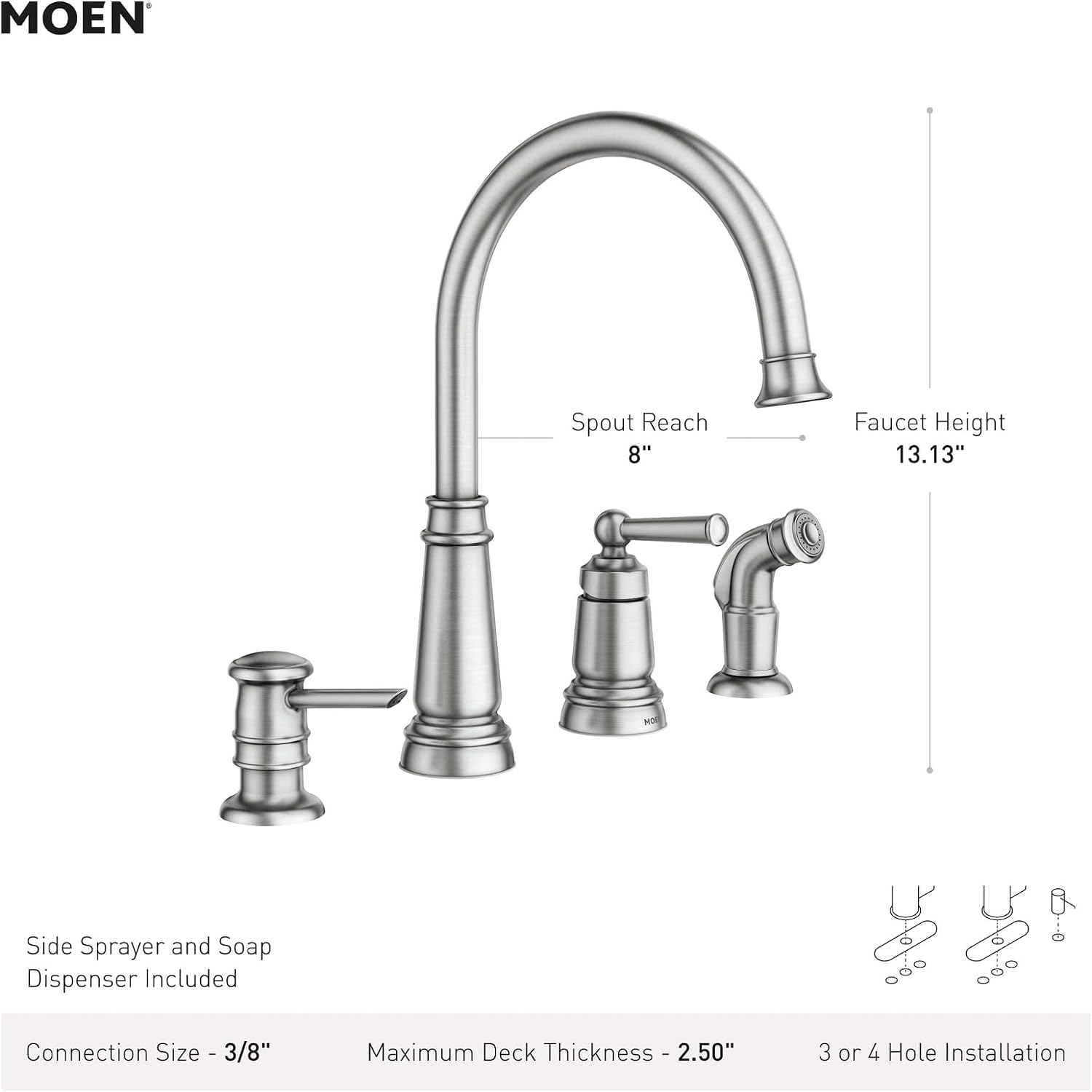 Moen Mediterranean Bronze One-Handle High Arc Widespread Kitchen Faucet, 4-Hole Setup with Soap Dispenser, 87042BRB