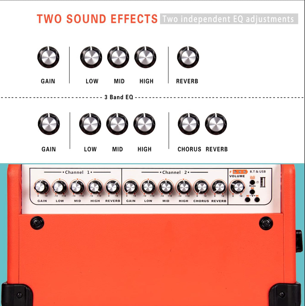 Coolmusic BP80 Battery Powered Acoustic Guitar Amplifier- Portable Bluetooth Speaker 100W, 6 Inputs,3 Band EQ,Orange