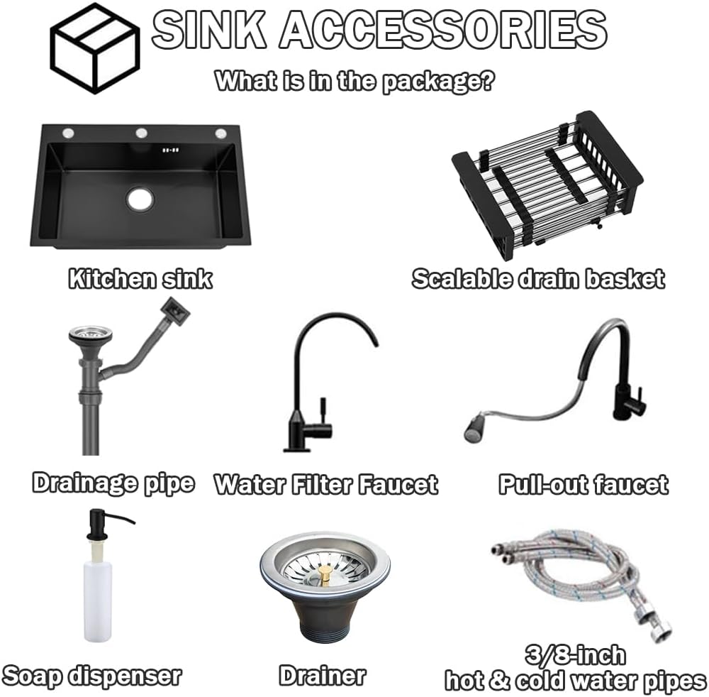 21.7 * 17.7in Drop In Kitchen Sink,Black Stainless Steel Single Bowl Sink,Topmount Workstation Sink With Pull Out Faucet,Soap Dispenser And Drain Basket
