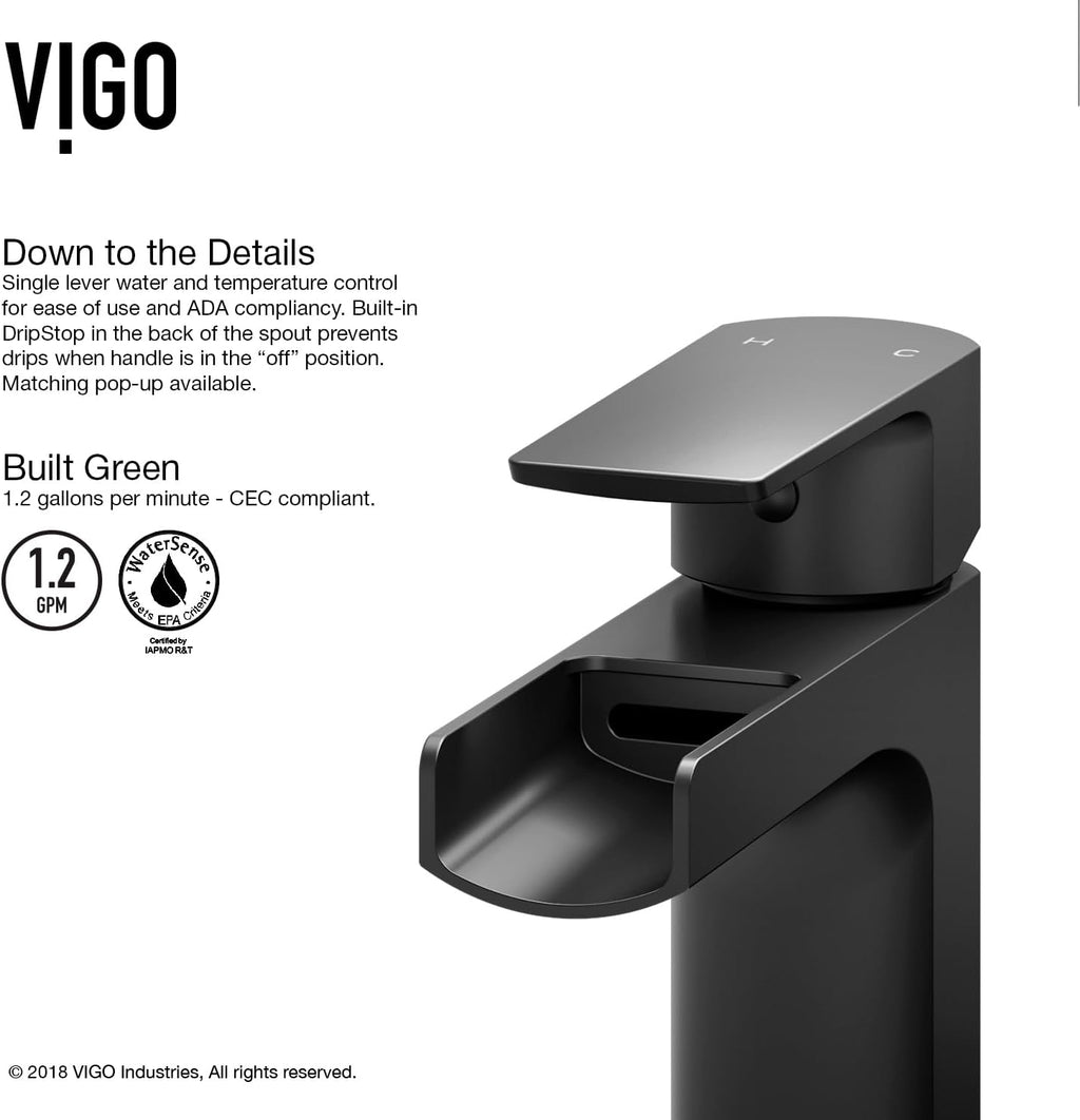 VIGO Ileana Waterfall Single-Handle Single-Hole Mount Bathroom Sink Faucet, 7-Inch, Matte Black, Modern Design, Solid Brass, 1.2 GPM WaterSense & Ceramic Disc Valve, Corrosion-Resistant
