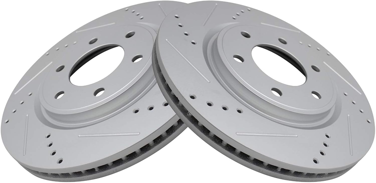 TRQ Performance Front Brake Pad and Rotor Set Ceramic Coated Drilled Slotted Vented Rotors Compatible with 2011-2013 Infiniti QX56 2014-2021 QX80 2012-2021 Nissan Armada 2011-2021 Titan
